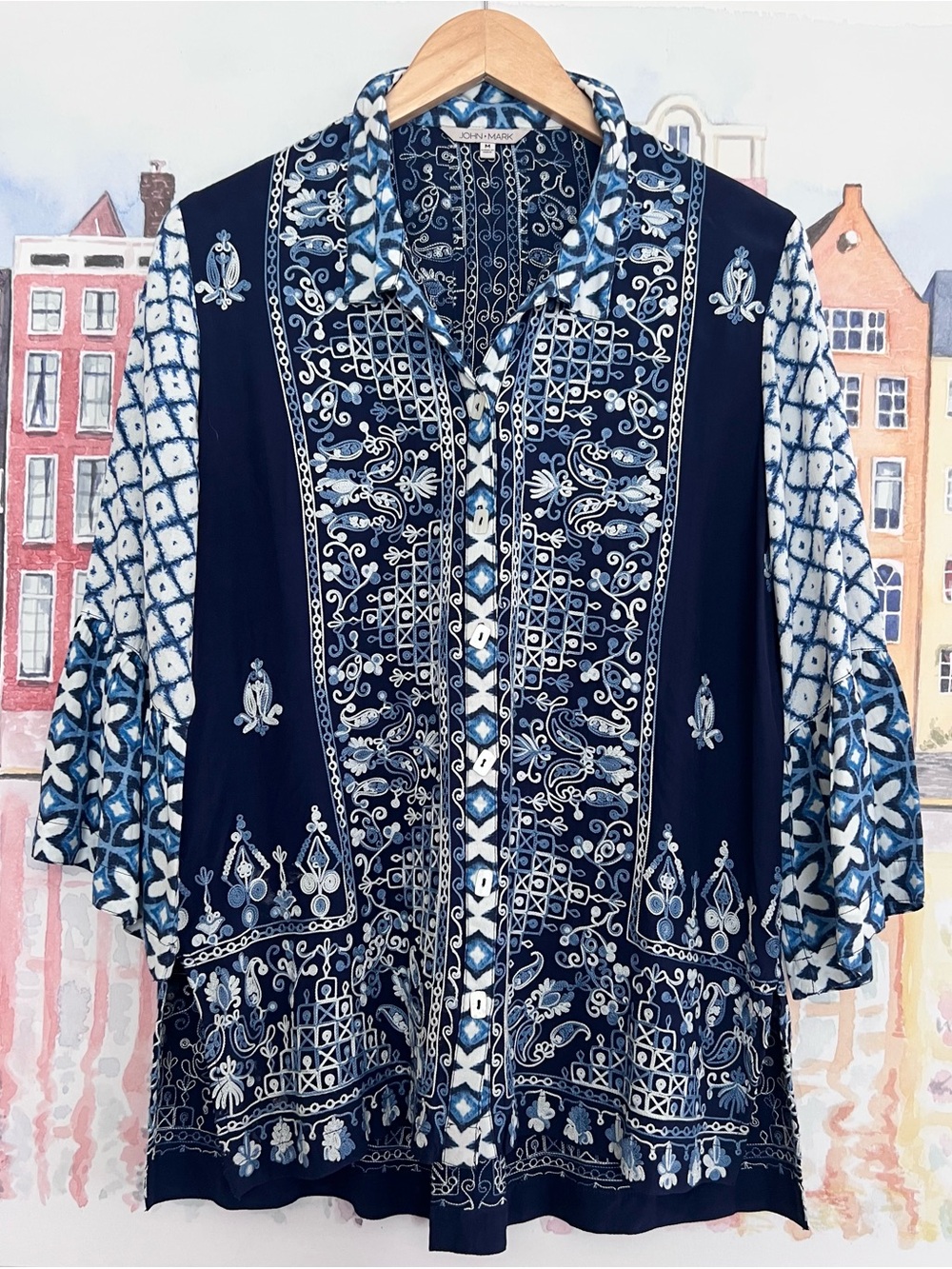 John Mark Embroidered Navy Blue and White Floral Boho Button Down Medium